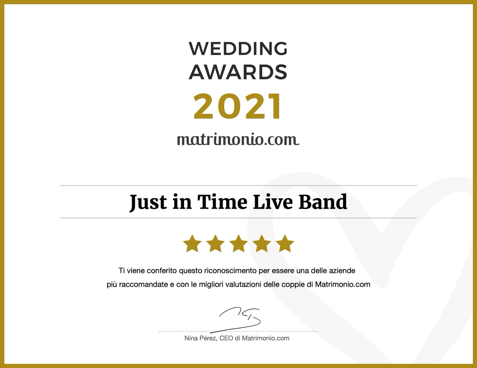 Wedding Awards 2021 conferito a Just in Time Live Band