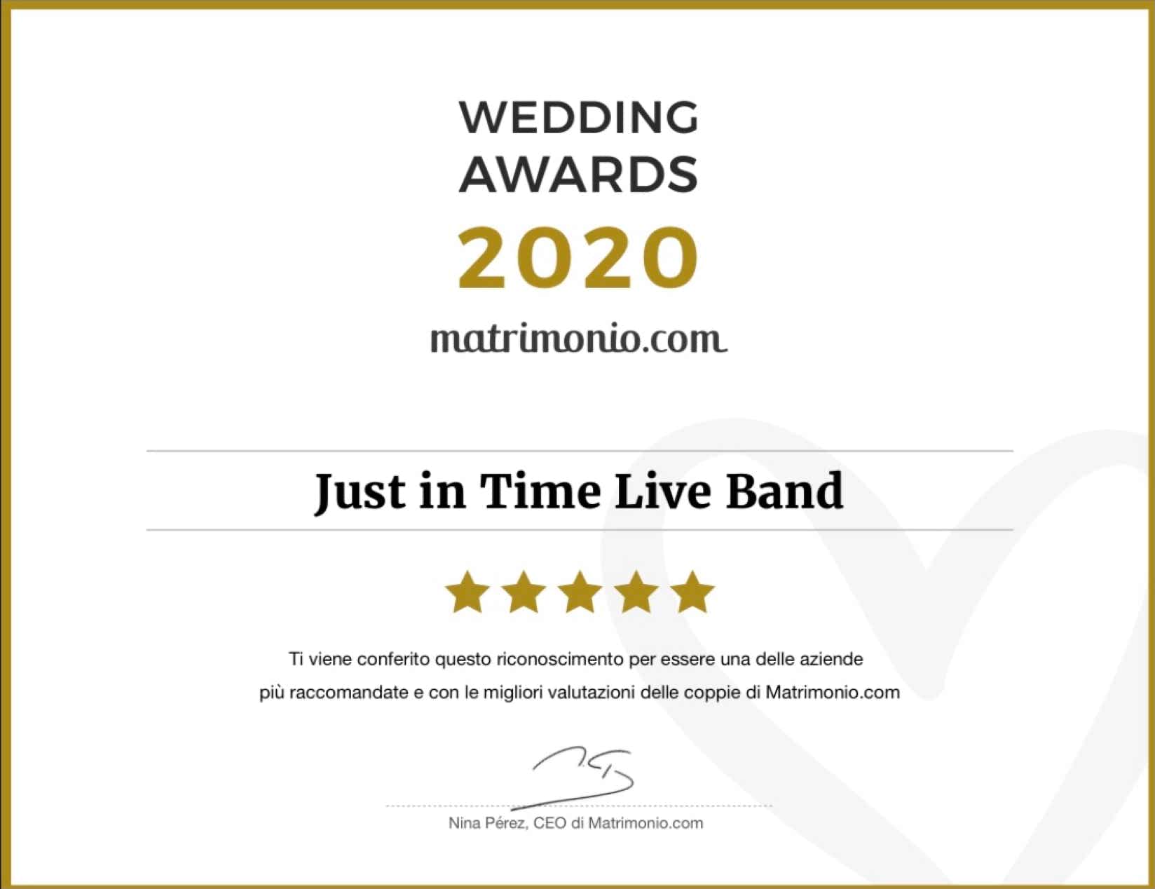 Wedding Awards 2020 conferito a Just in Time Live Band