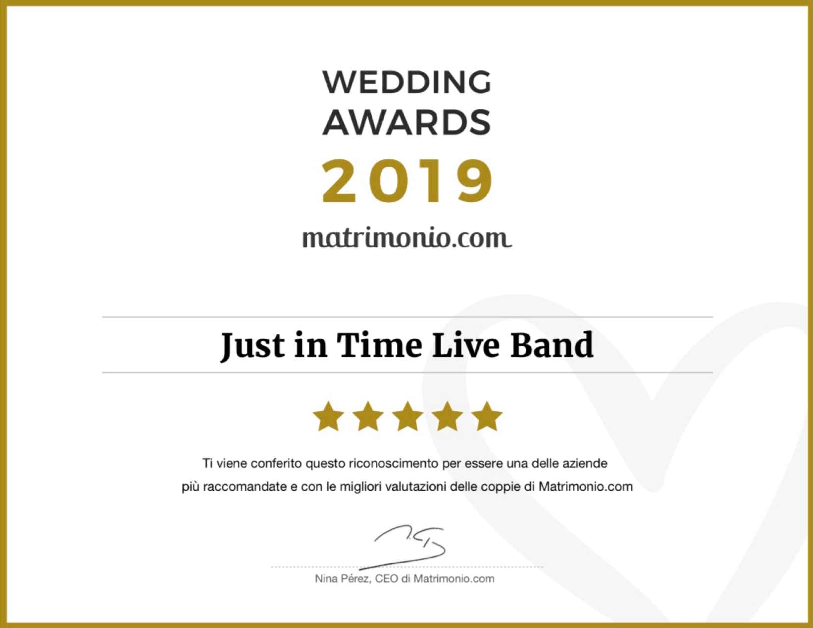 Wedding Awards 2019 conferito a Just in Time Live Band